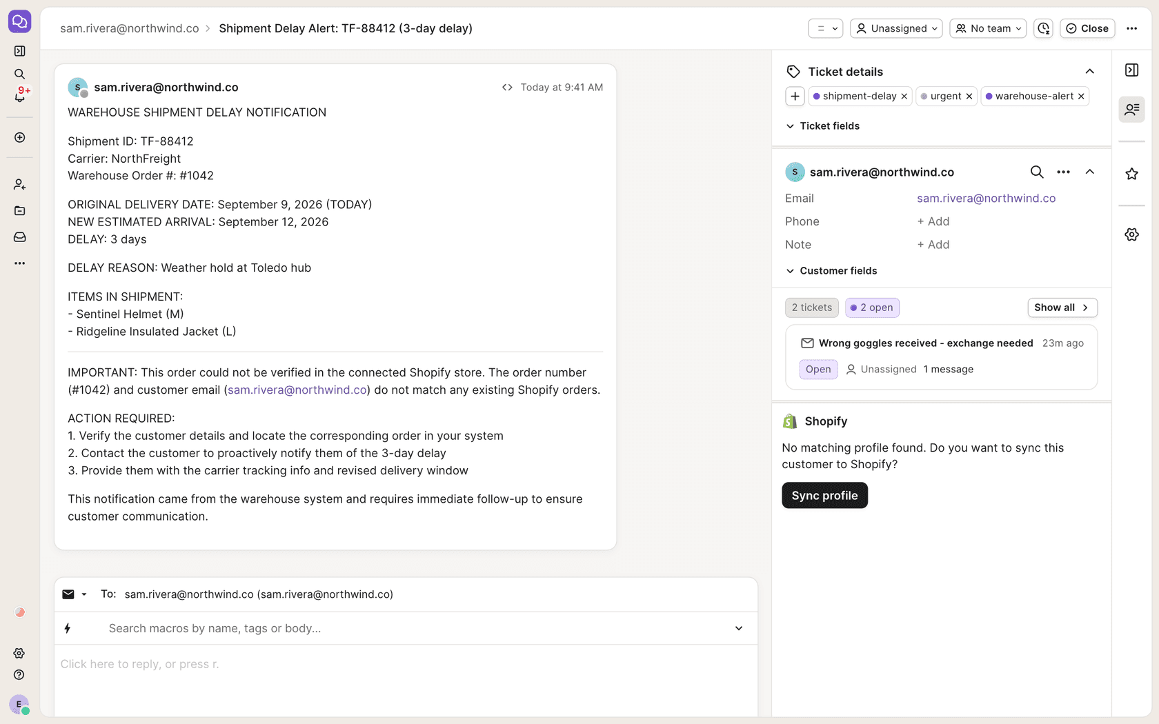 Gorgias ticket created by an eesel webhook run titled Shipment Delay Alert, with the shipment ID, carrier, original and new delivery dates, a weather hold reason, a note that the order could not be verified in Shopify, and tags shipment-delay, urgent and warehouse-alert