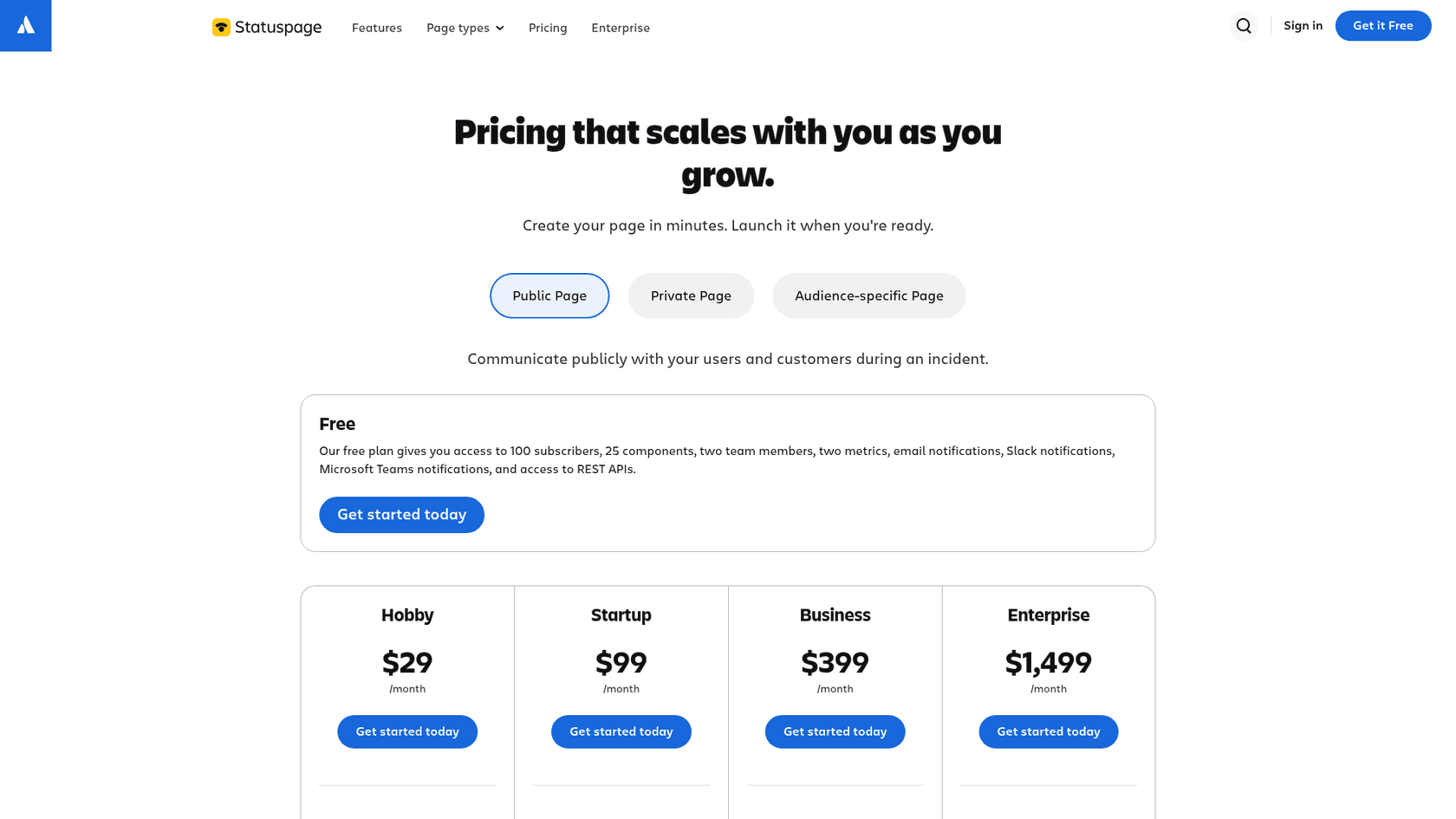 Atlassian Statuspage pricing page showing the Free plan and the Hobby $29, Startup $99, Business $399 and Enterprise $1,499 monthly plans for public pages, as taken from Atlassian Statuspage