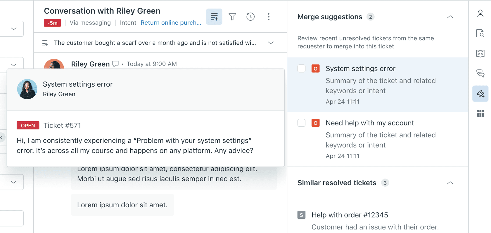 Painel de Tickets relacionados do Zendesk com duas sugestões de união do mesmo solicitante acima de uma lista de tickets resolvidos semelhantes, retirado do centro de ajuda do Zendesk