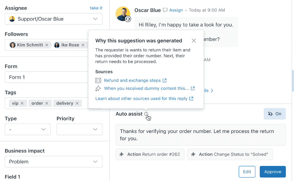 O auto assist da Zendesk explicando por que fez uma sugestão, citando um artigo de reembolso e troca e um ticket semelhante, com as ações Return order e Change status aguardando aprovação, retirado da central de ajuda da Zendesk