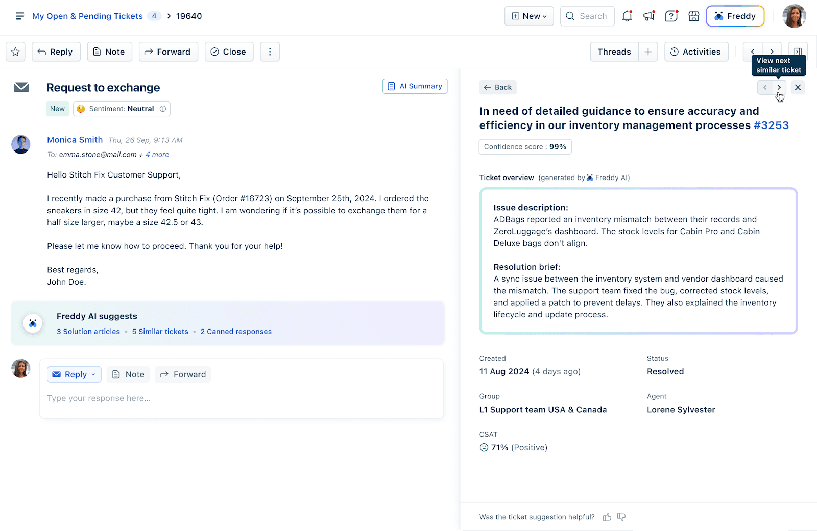 Visualização de ticket semelhante do Freshdesk com pontuação de confiança de 99 %, uma descrição do problema, um resumo da resolução, o agente e o grupo que resolveram, e 71 % de CSAT positivo, retirada do site de suporte do Freshdesk