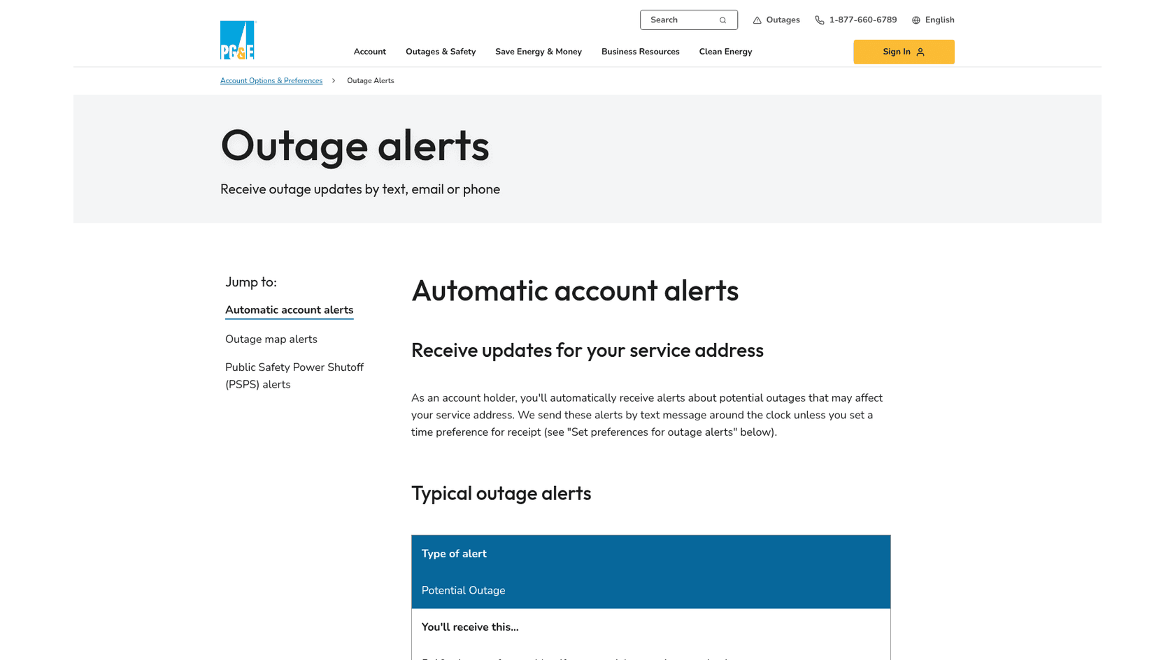 PG&E's outage alerts page, explaining that account holders automatically get text alerts about outages at their service address, as taken from PG&E