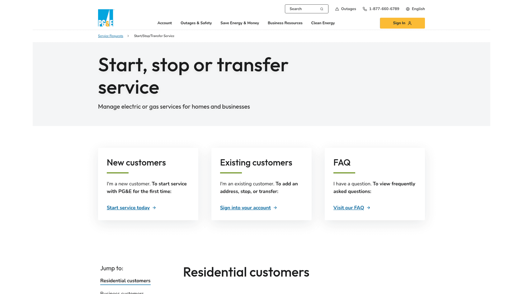 PG&E's start, stop or transfer service page with separate paths for new customers, existing customers and FAQs, as taken from PG&E