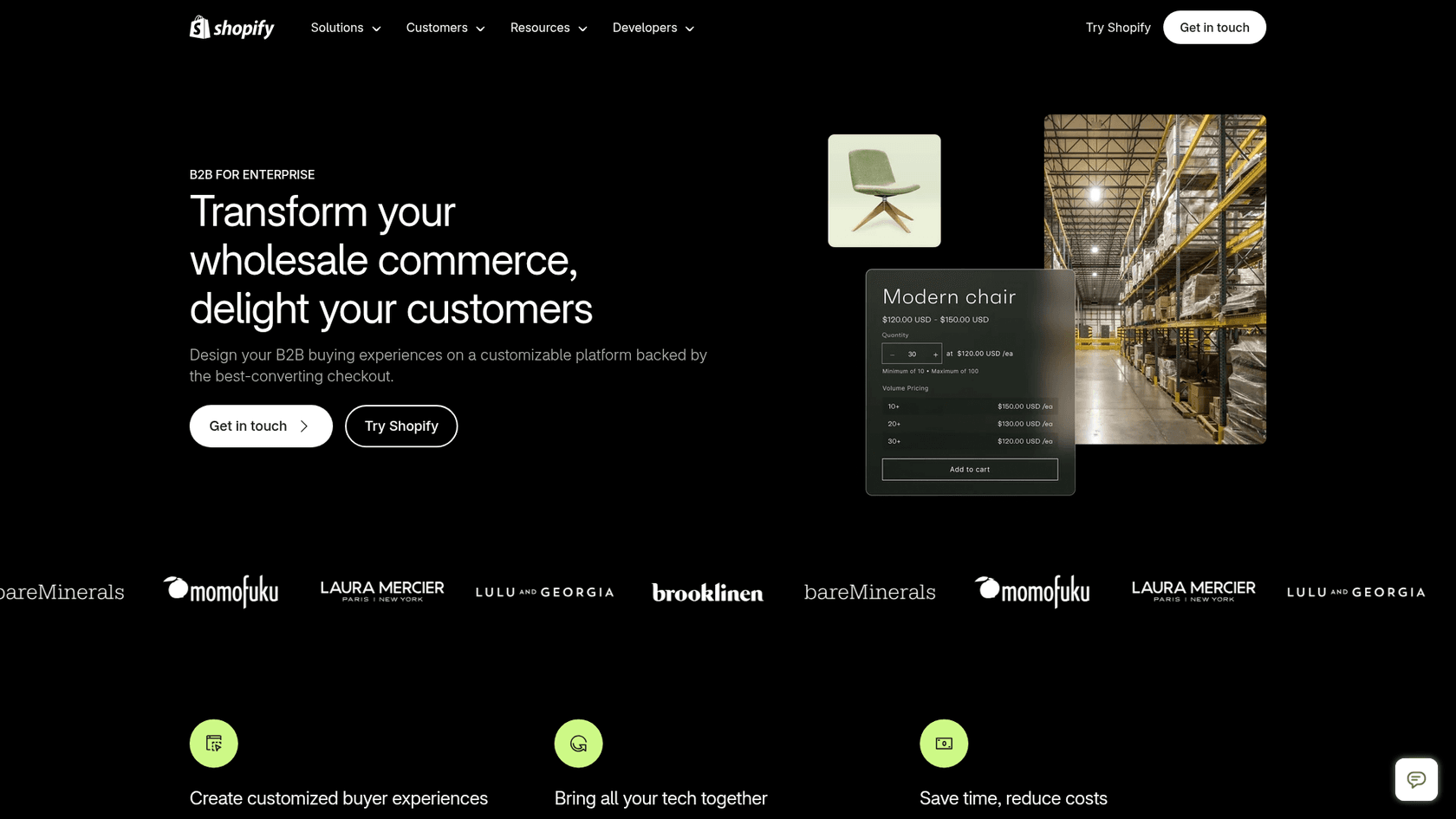 Shopify's B2B page showing a wholesale product with a quantity selector, a minimum of 10 and maximum of 100, and volume pricing tiers, as taken from Shopify