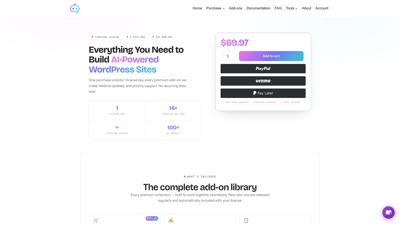 The MxChat Pro pricing page showing $69.97 with an Add to cart button, a lifetime licence for 1 site key, 14+ add-ons and 100+ AI models, as taken from MxChat