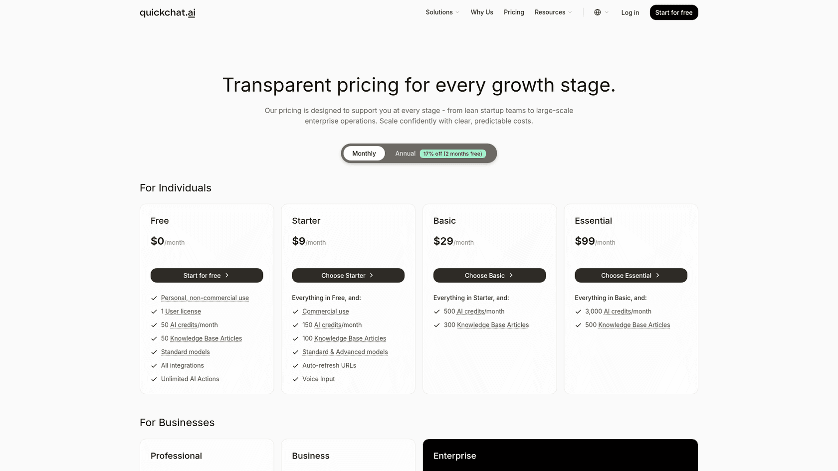 The Quickchat AI pricing page with Free at $0, Starter at $9, Basic at $29 and Essential at $99 per month, each listing AI credits and Knowledge Base articles, as taken from Quickchat AI