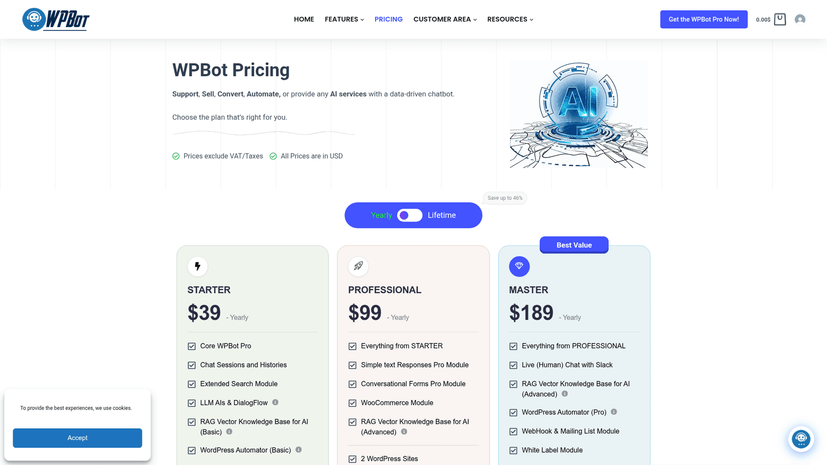 The WPBot pricing page with the yearly toggle showing Starter at $39, Professional at $99 and Master at $189, with Master listing live human chat with Slack, as taken from WPBot