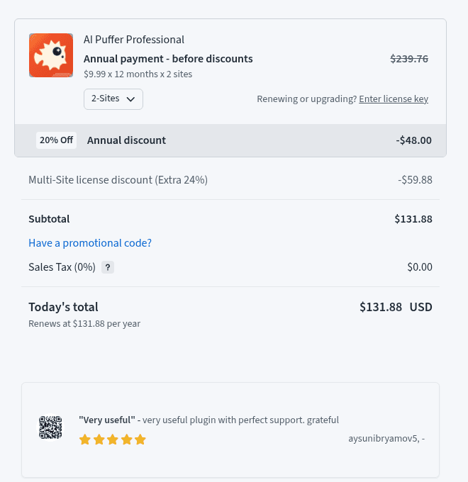 The Freemius checkout summary for AI Puffer Professional at 2 sites, annual, showing $239.76 before discounts, a 20% annual discount of $48.00, a multi-site discount of $59.88 and a total of $131.88 renewing yearly, as taken from the AI Puffer checkout on Freemius