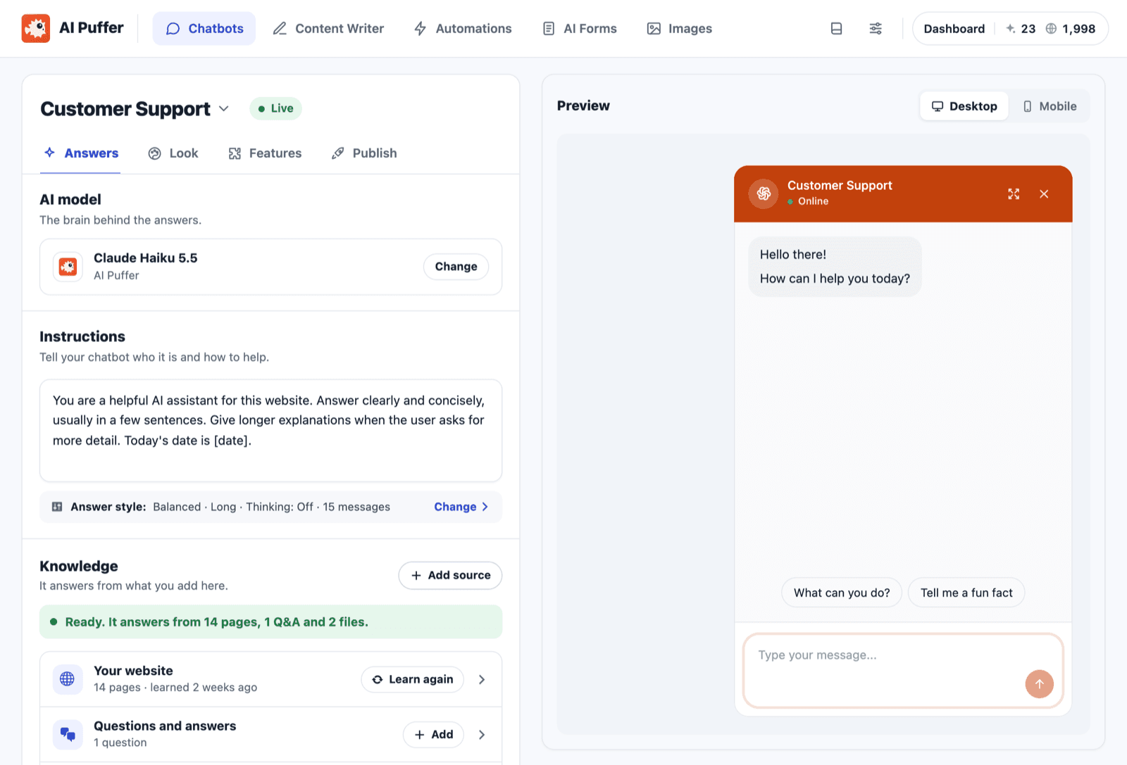 The AI Puffer Chatbots screen with the Customer Support bot live on Claude Haiku 5.5, instructions, an answer style setting, knowledge ready from 14 pages, 1 Q&A and 2 files, and a desktop preview of the chat window, as taken from WordPress.org
