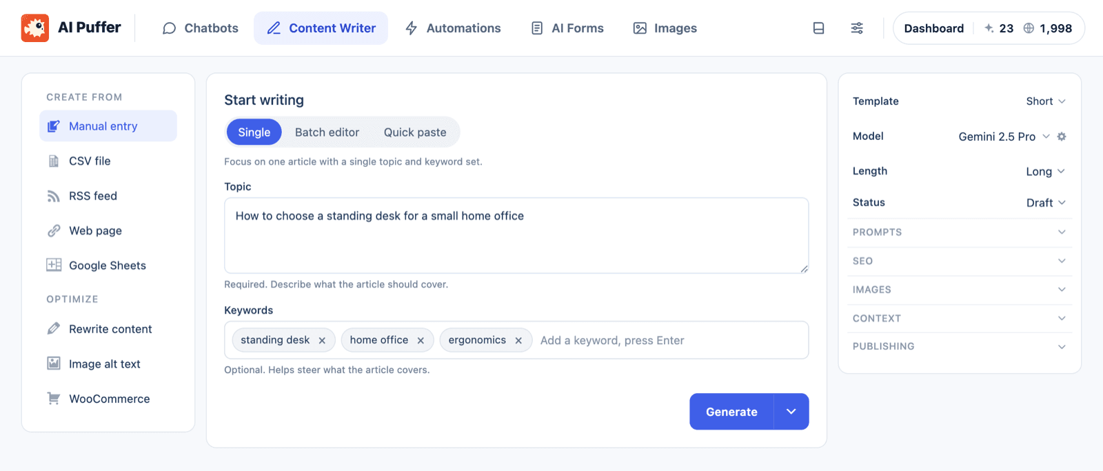 The AI Puffer Content Writer with a topic about choosing a standing desk, three keywords, sources like CSV file, RSS feed and Google Sheets on the left, and model, length and draft status settings on the right, as taken from WordPress.org