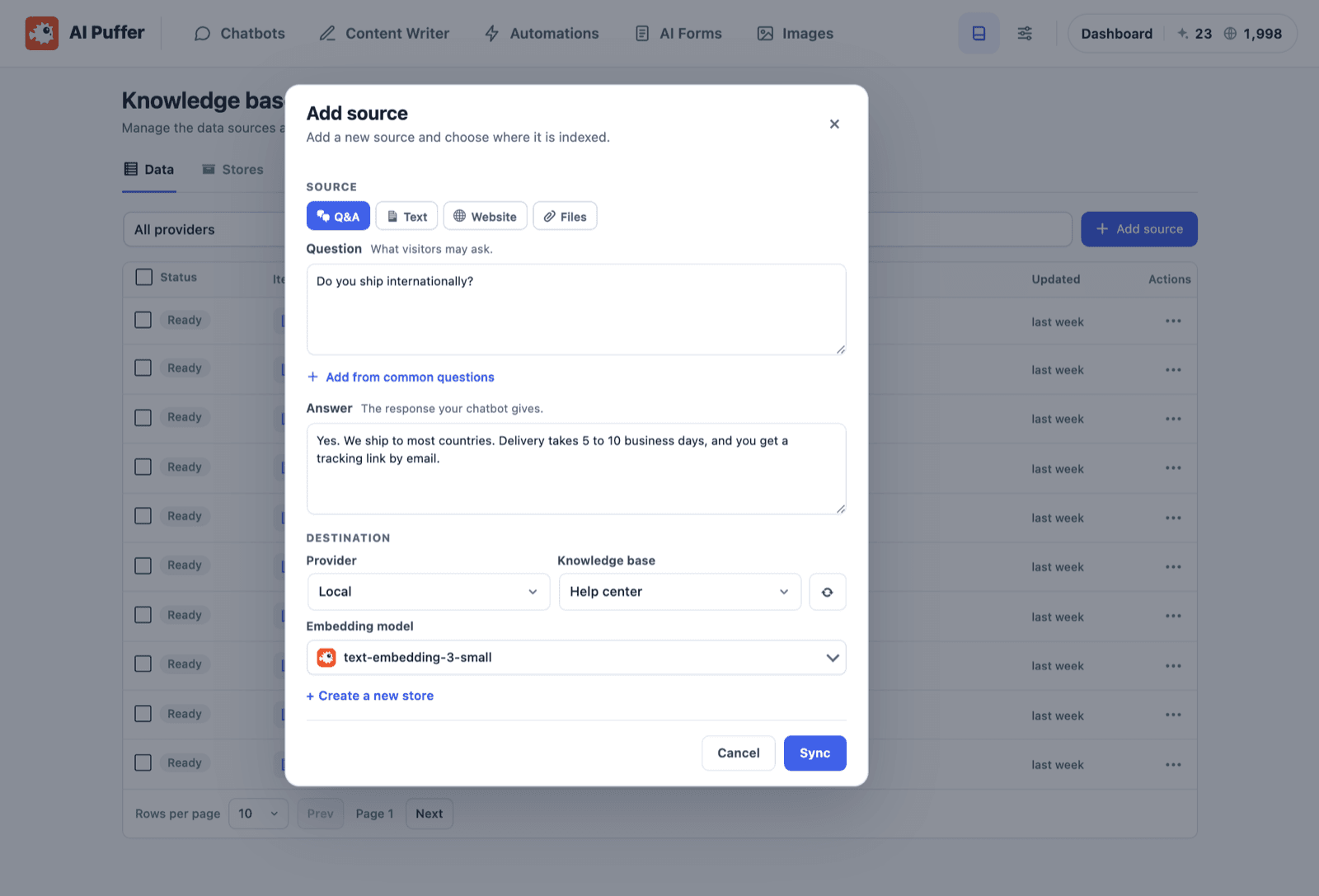 The AI Puffer Knowledge Base Add source dialog with a Q&A pair about international shipping, the Local provider, a Help center knowledge base and the text-embedding-3-small embedding model, as taken from WordPress.org
