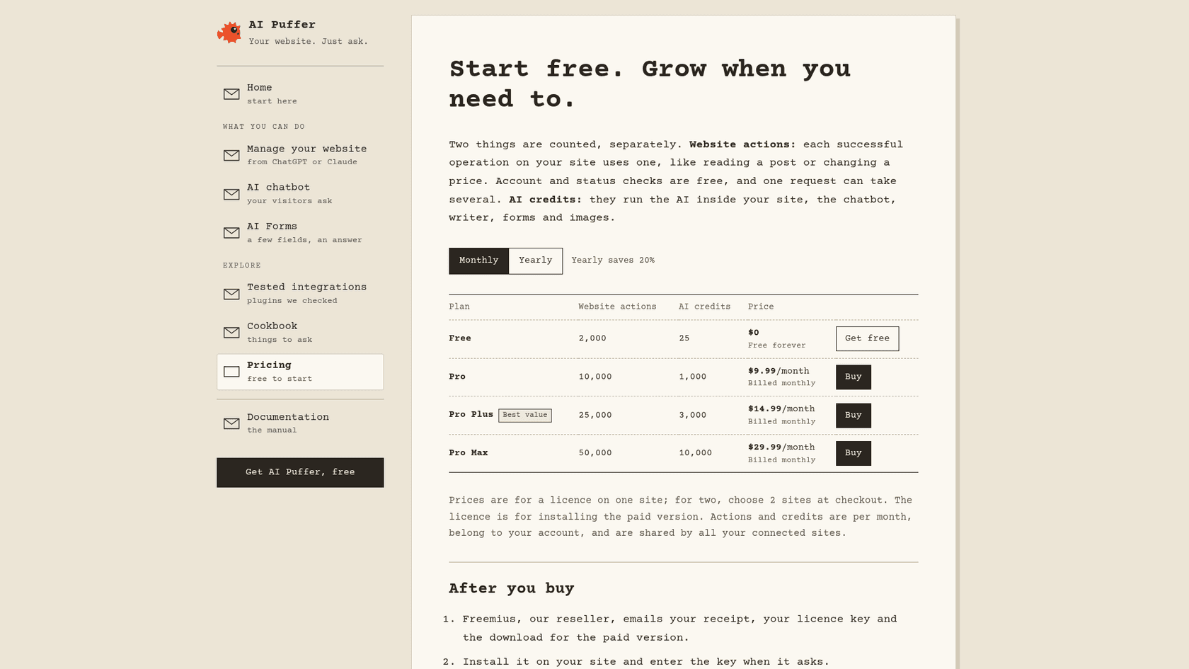 The AI Puffer pricing page with the monthly toggle selected, showing Free at $0 with 2,000 website actions and 25 AI credits, Pro at $9.99, Pro Plus marked best value at $14.99, and Pro Max at $29.99 a month, as taken from AI Puffer