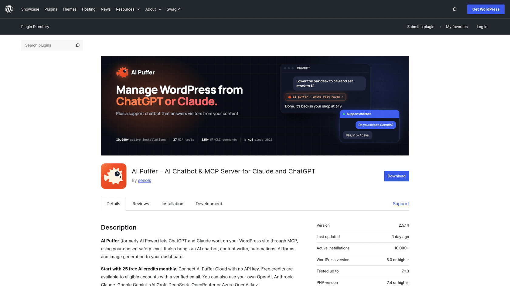 The AI Puffer plugin page on WordPress.org showing the banner Manage WordPress from ChatGPT or Claude, version 2.5.14, last updated one day ago, 10,000+ active installations and WordPress 6.0 or higher, as taken from WordPress.org