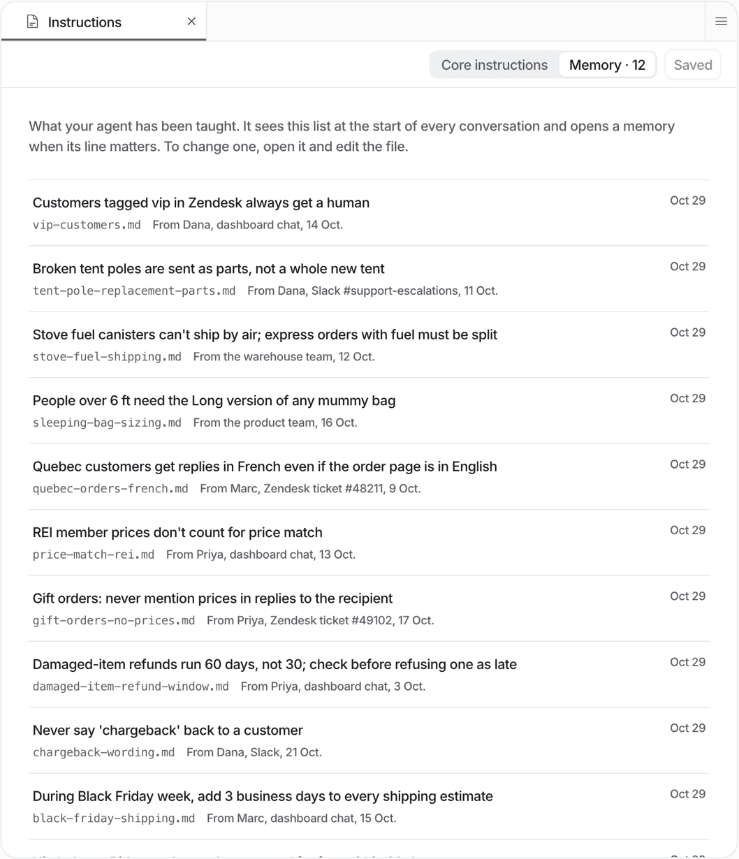 eesel's Instructions page on the Memory tab, listing rules the agent has been taught such as VIP customers always getting a human and damaged-item refunds running 60 days, each tagged with who added it and from where, as taken from the eesel docs