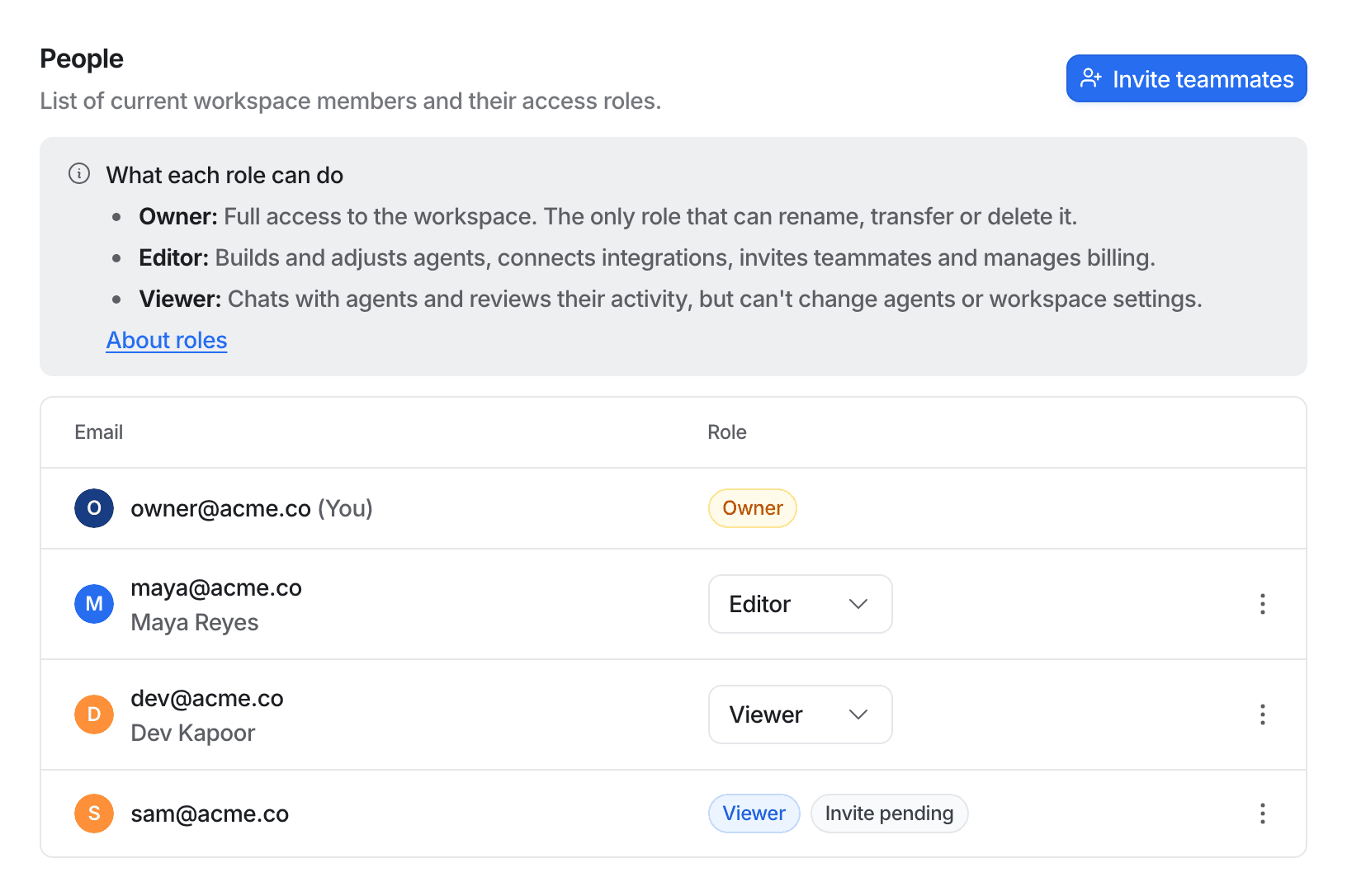 eesel's workspace members page showing Owner, Editor and Viewer roles, where editors build and adjust agents and viewers chat with agents and review their activity, as taken from the eesel docs