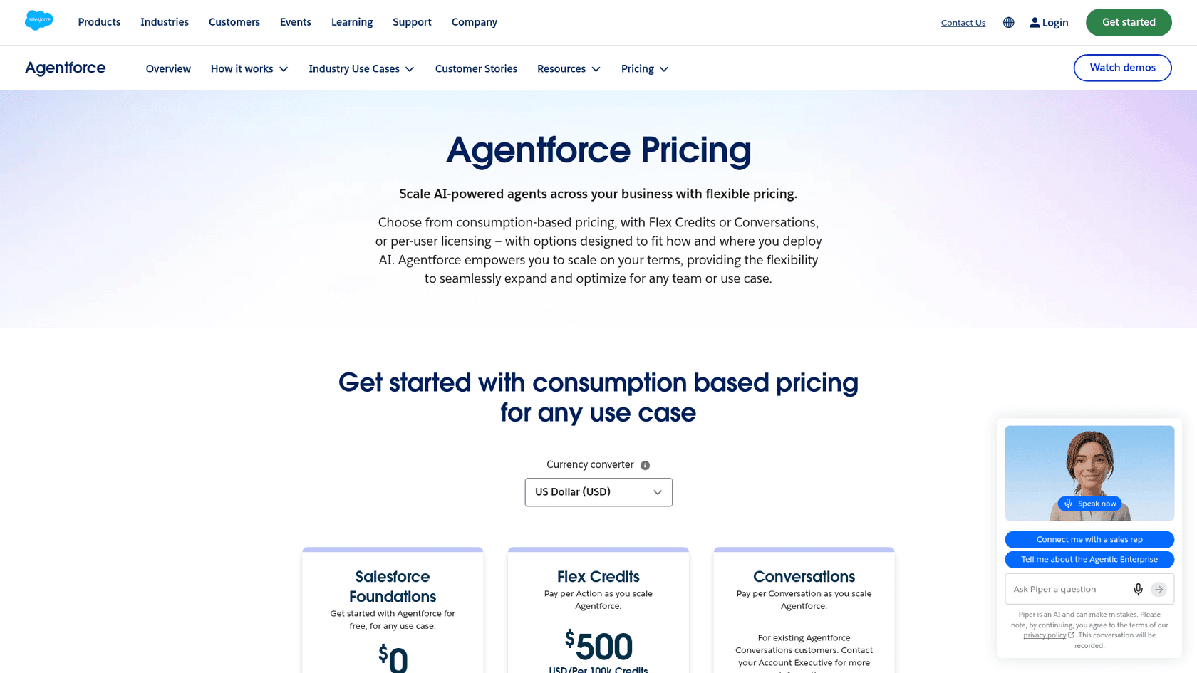 Salesforce Agentforce pricing page showing three ways to buy: Salesforce Foundations at $0, Flex Credits at $500 per 100k credits, and Conversations, as taken from Salesforce