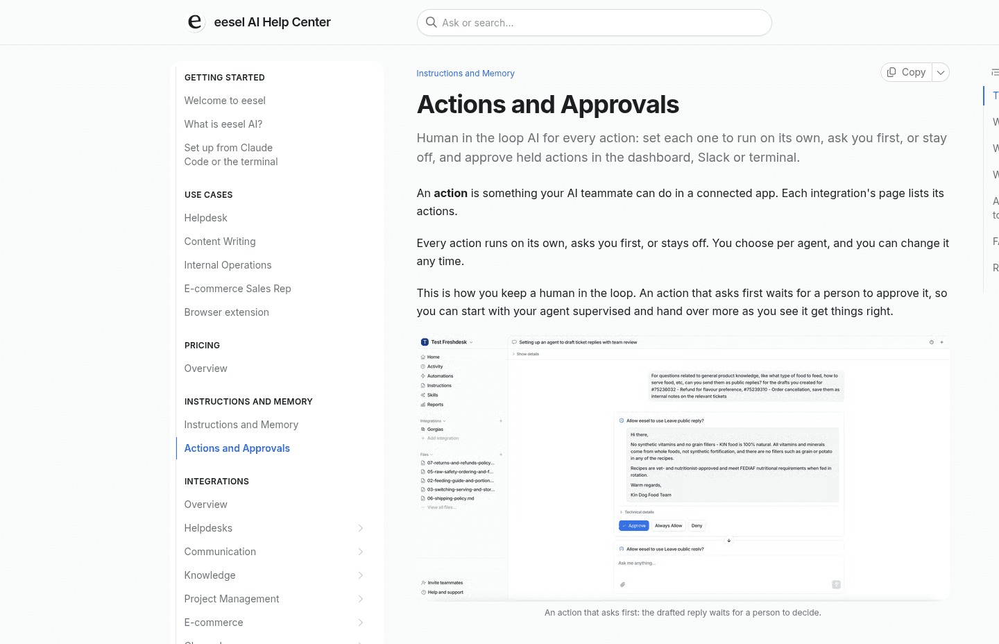 eesel's Actions and Approvals help page, showing a drafted reply waiting for a person to approve, always allow or deny it, as taken from the eesel docs