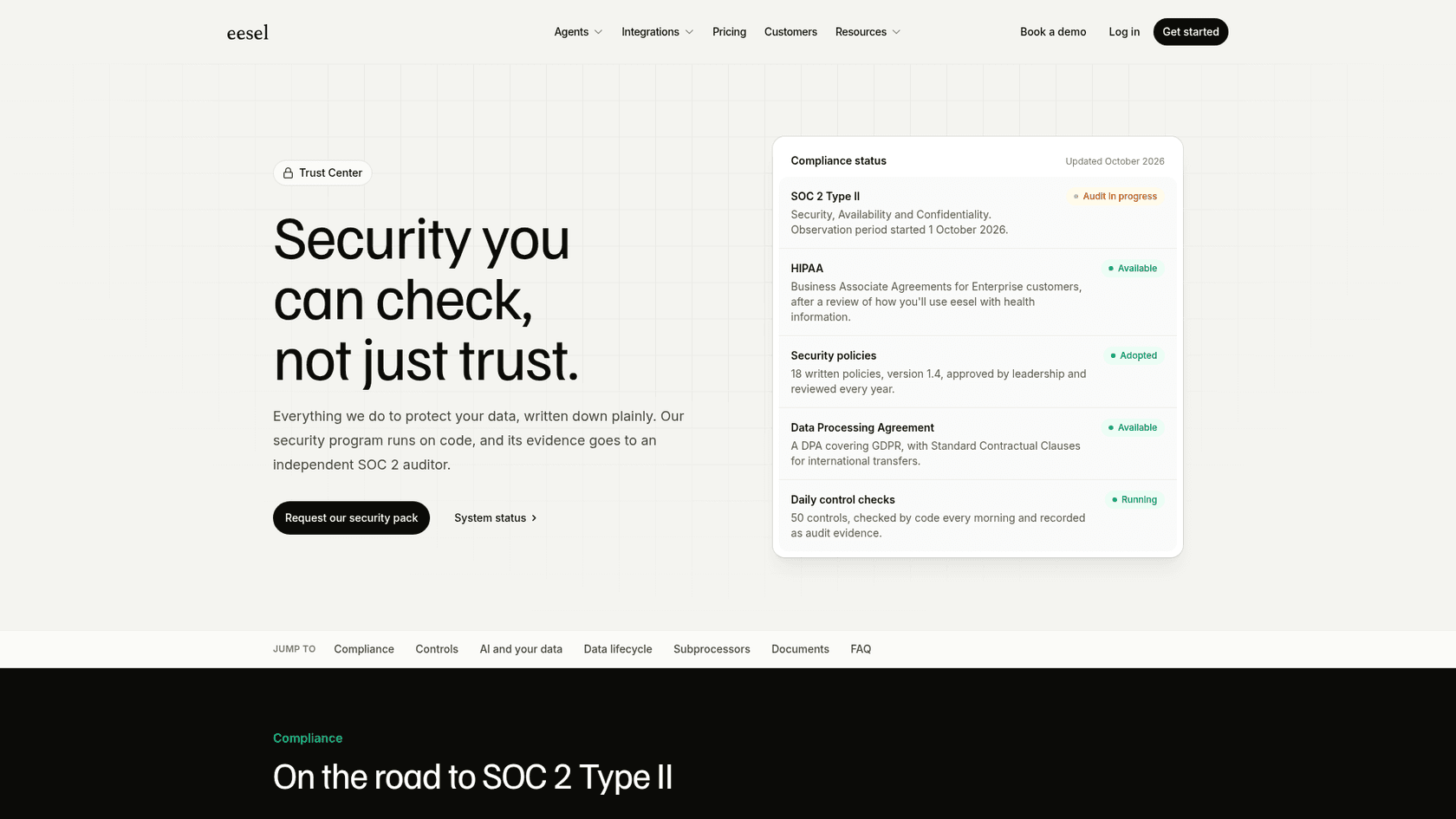 eesel's trust center showing SOC 2 Type II audit in progress, HIPAA available for Enterprise, 18 security policies adopted, a GDPR DPA and 50 daily control checks, as taken from eesel.ai/security
