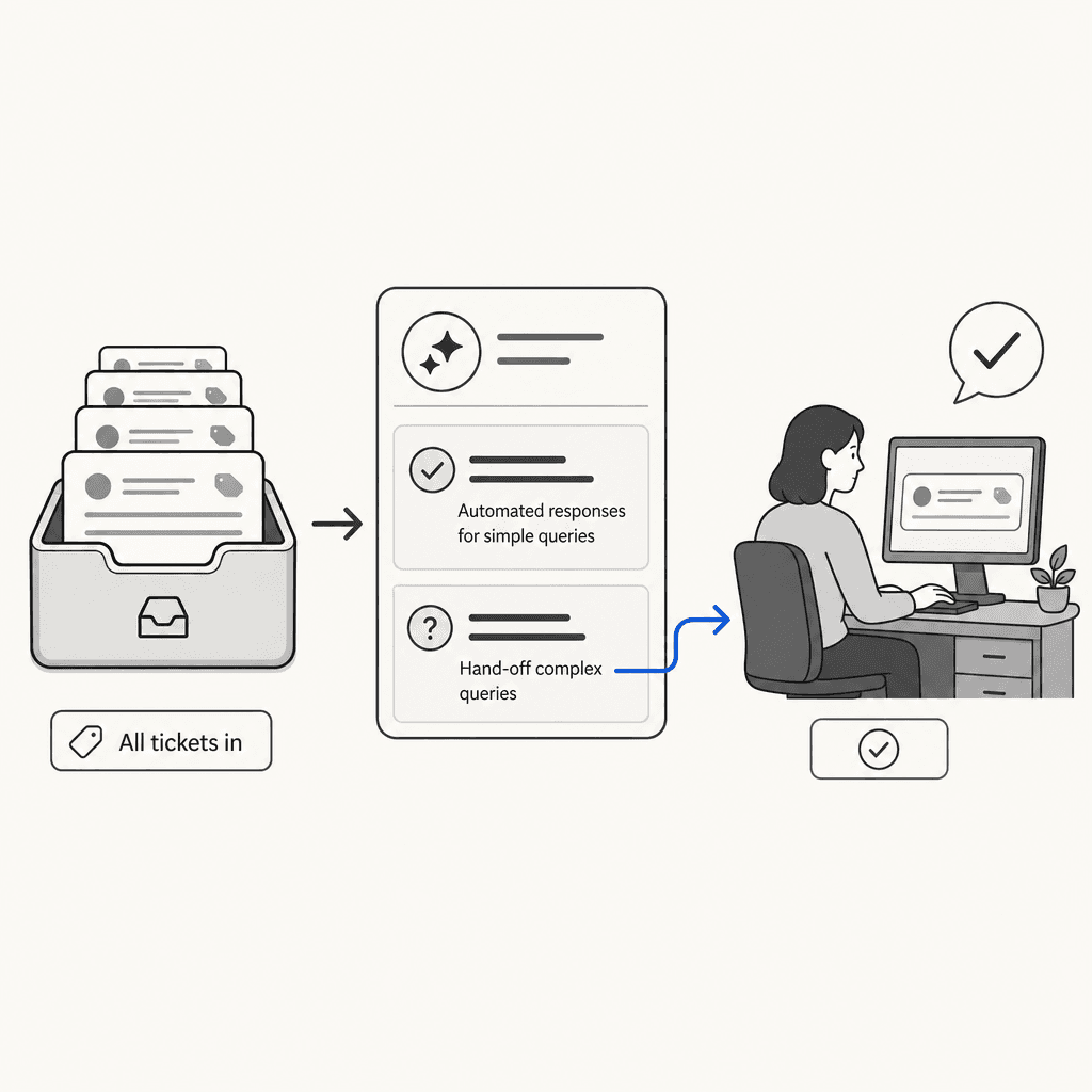 Hybrid AI and human support workflow showing AI handling all incoming tickets, routing tier-1 to automated resolution and escalating complex tickets to human agents with full context