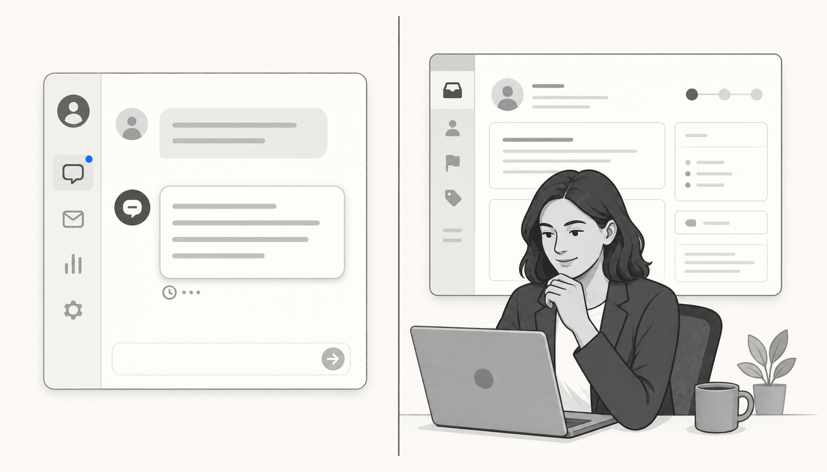Editorial illustration showing an AI chat interface panel beside a human support agent at a desk, divided by a clean vertical line