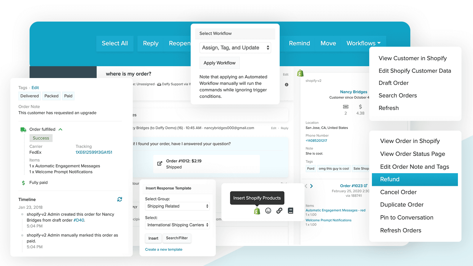 Re:amaze inbox on a "where is my order?" conversation with the Shopify order panel open and menu options to refund, cancel, duplicate or edit the order, as taken from Shopify App Store