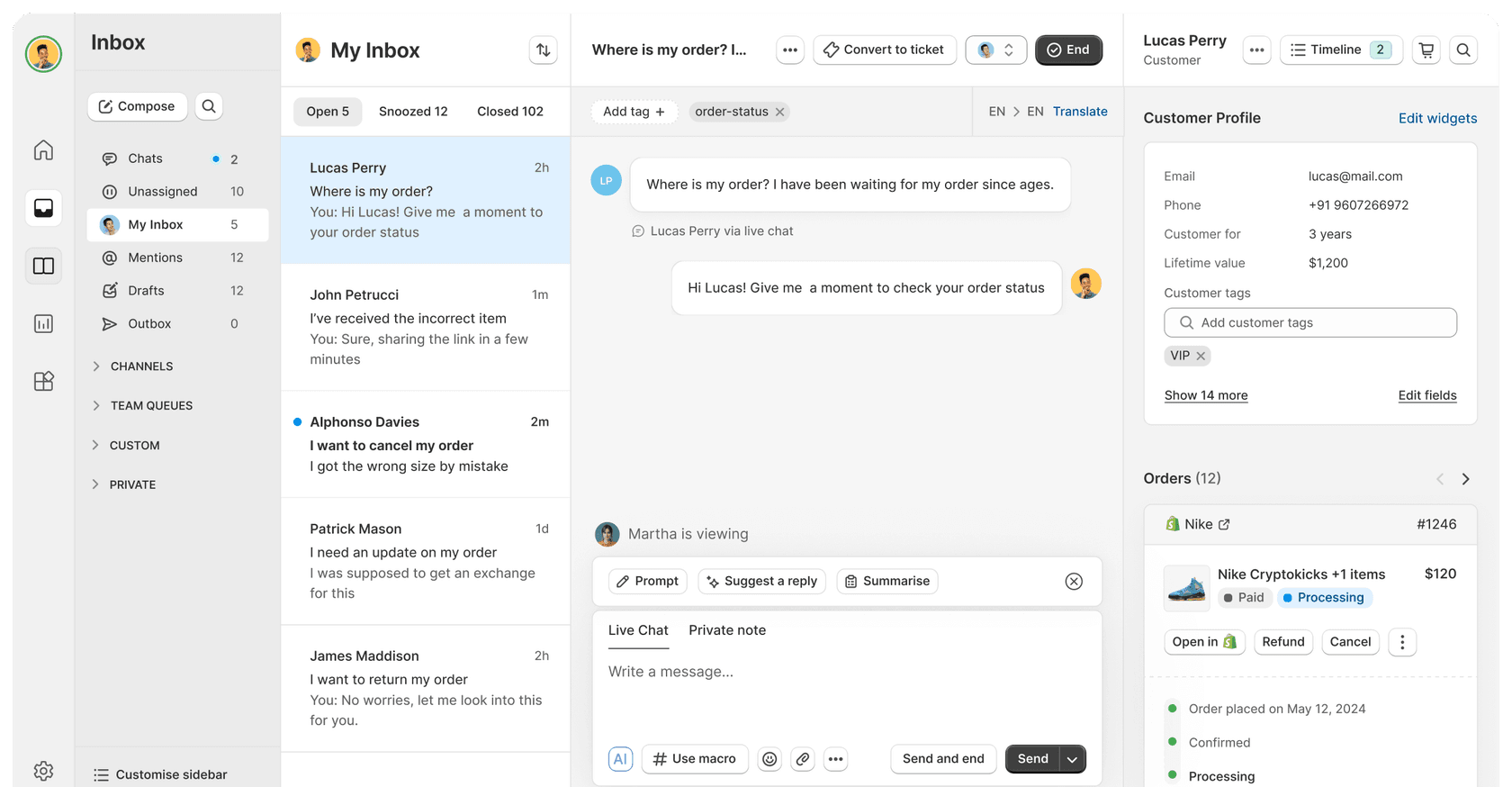 Richpanel inbox showing a "where is my order?" live chat, the customer profile, and a Shopify order card with refund and cancel buttons, as taken from Richpanel