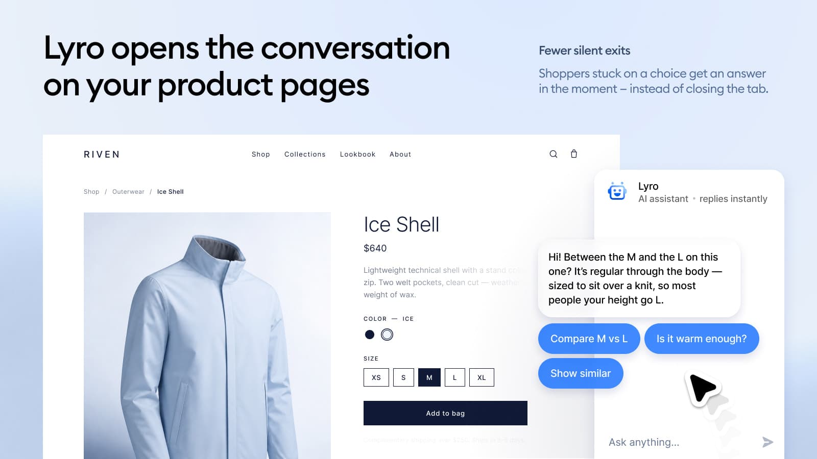 Tidio's Lyro AI agent chat on a product page, answering a sizing question between M and L with buttons to compare sizes or show similar items, as taken from Shopify App Store