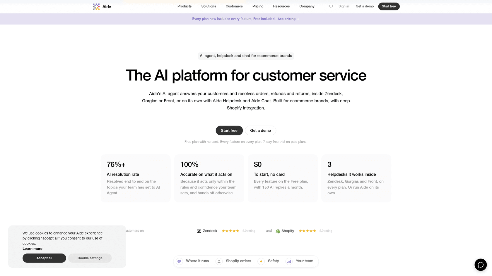Aide's homepage describing its AI agent, helpdesk and chat for ecommerce brands, with a 76%+ AI resolution rate, $0 to start and 3 helpdesks it works inside, as taken from Aide
