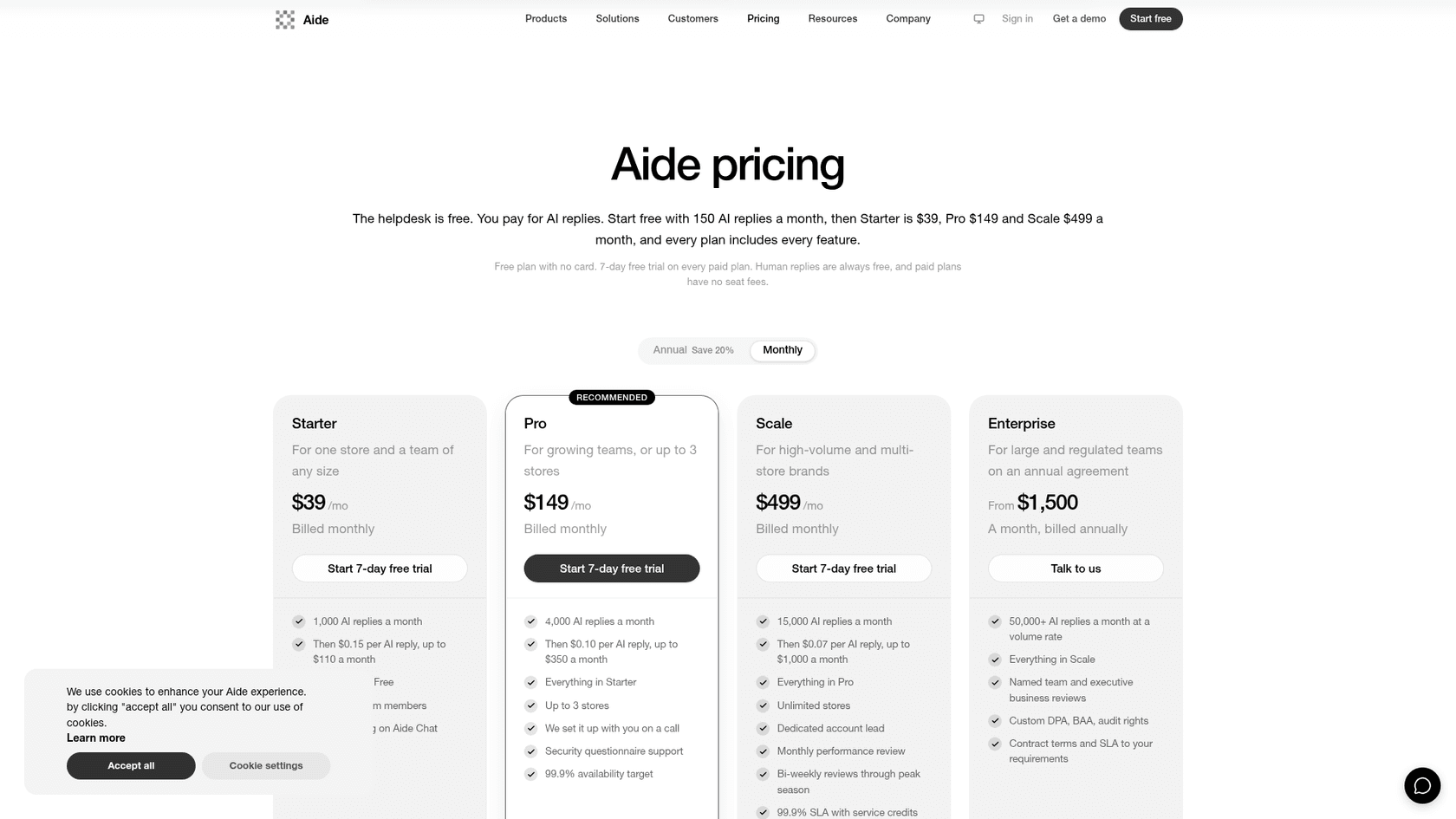 Aide's pricing page showing Starter at $39, Pro at $149, Scale at $499 and Enterprise from $1,500 a month, with AI reply allowances under each plan, as taken from Aide