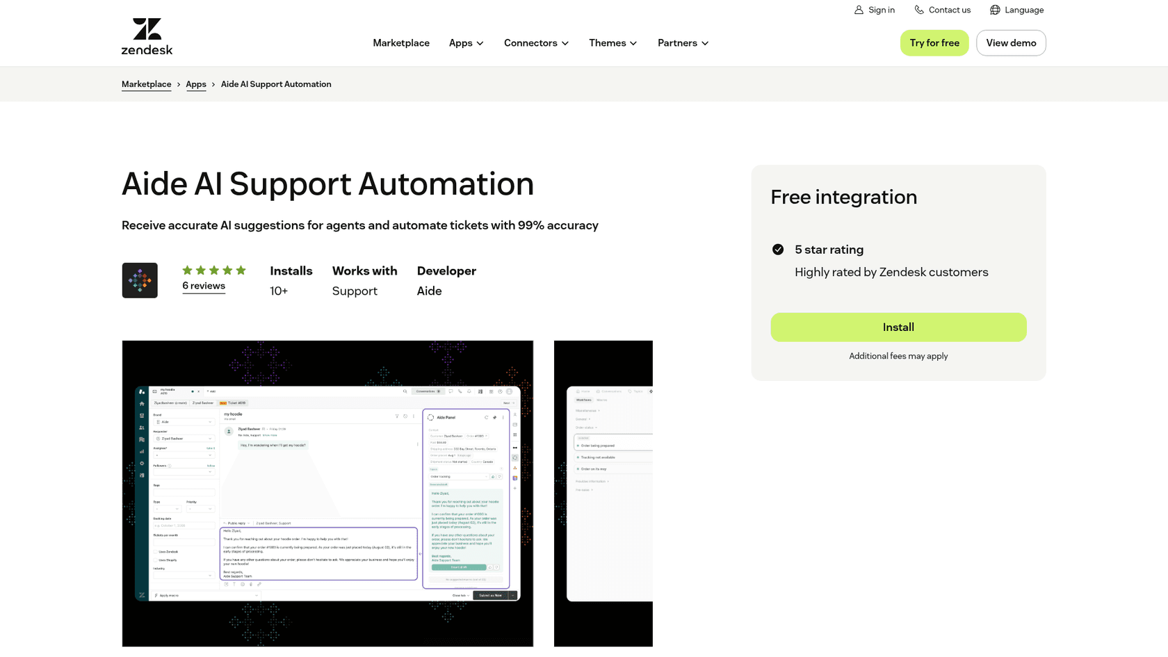 The Aide AI Support Automation listing on the Zendesk Marketplace, marked as a Free integration with a 5 star rating from 6 reviews and a note that additional fees may apply, as taken from Zendesk