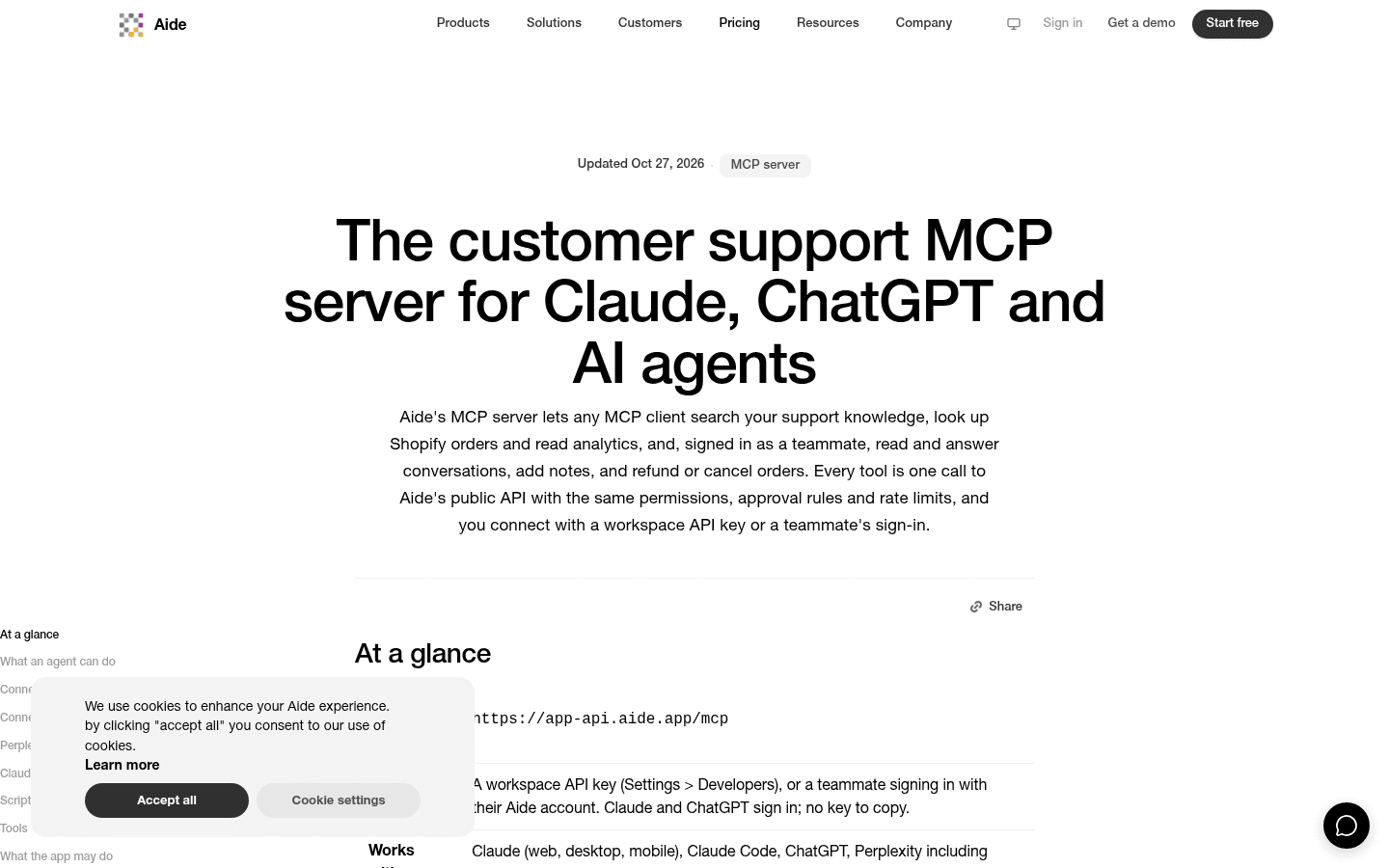 Aide's MCP server page with the headline "The customer support MCP server for Claude, ChatGPT and AI agents" and the server address app-api.aide.app/mcp, as taken from Aide