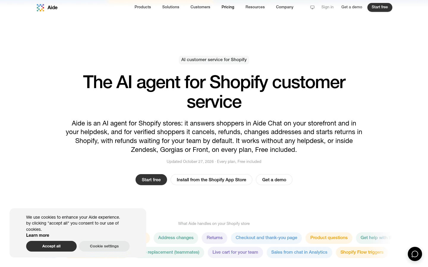 Aide's Shopify page with the headline "The AI agent for Shopify customer service", describing order cancellations, refunds, address changes and returns for verified shoppers, with refunds waiting for your team by default, as taken from Aide