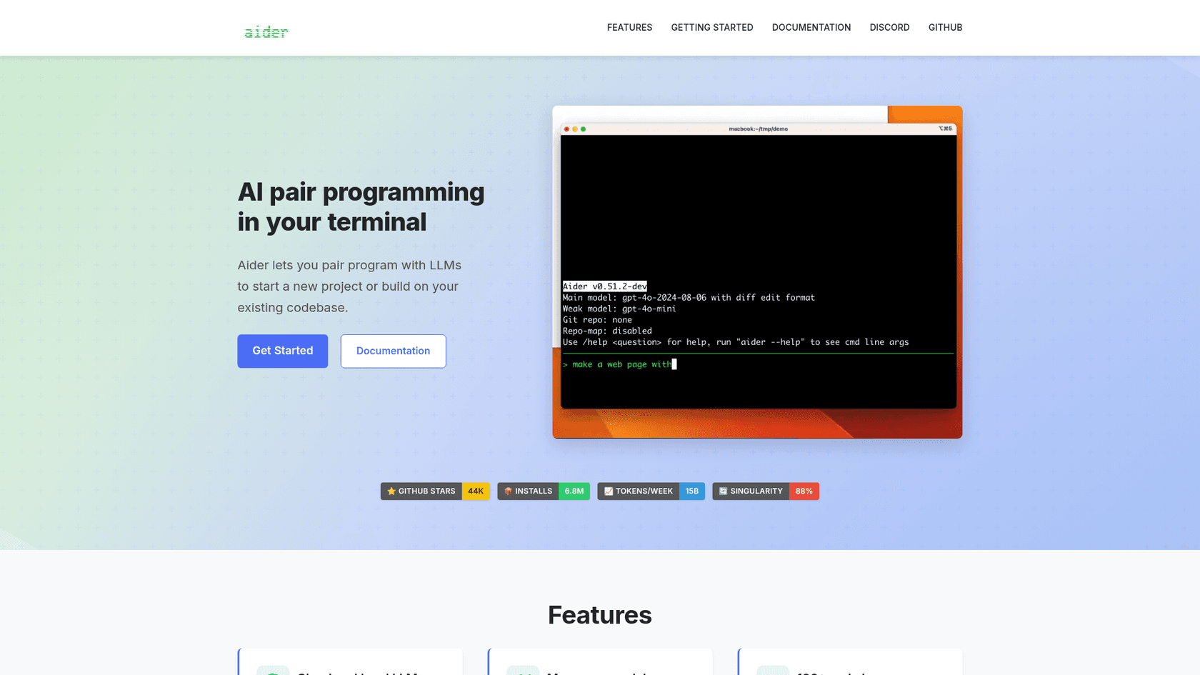 The Aider homepage showing its terminal demo, as taken from aider.chat.