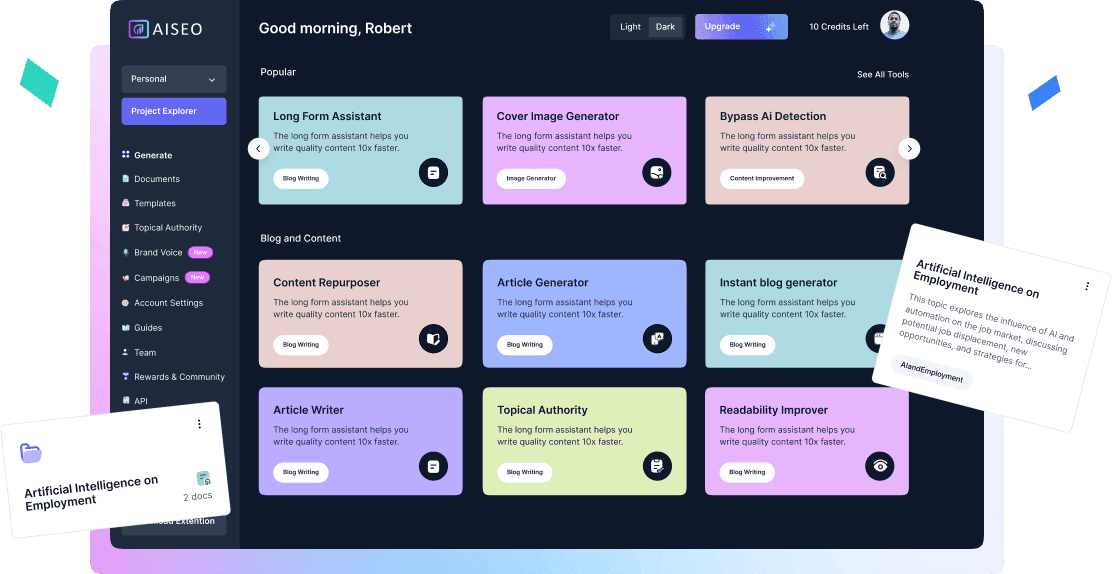 AISEO Dashboard mit Tools wie Long Form Assistant, Cover Image Generator, Bypass AI Detection, Article Generator, Topical Authority und Readability Improver