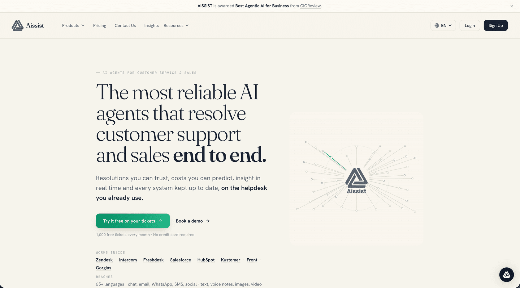 Aissist homepage showing its agentic AI agent working inside existing helpdesks