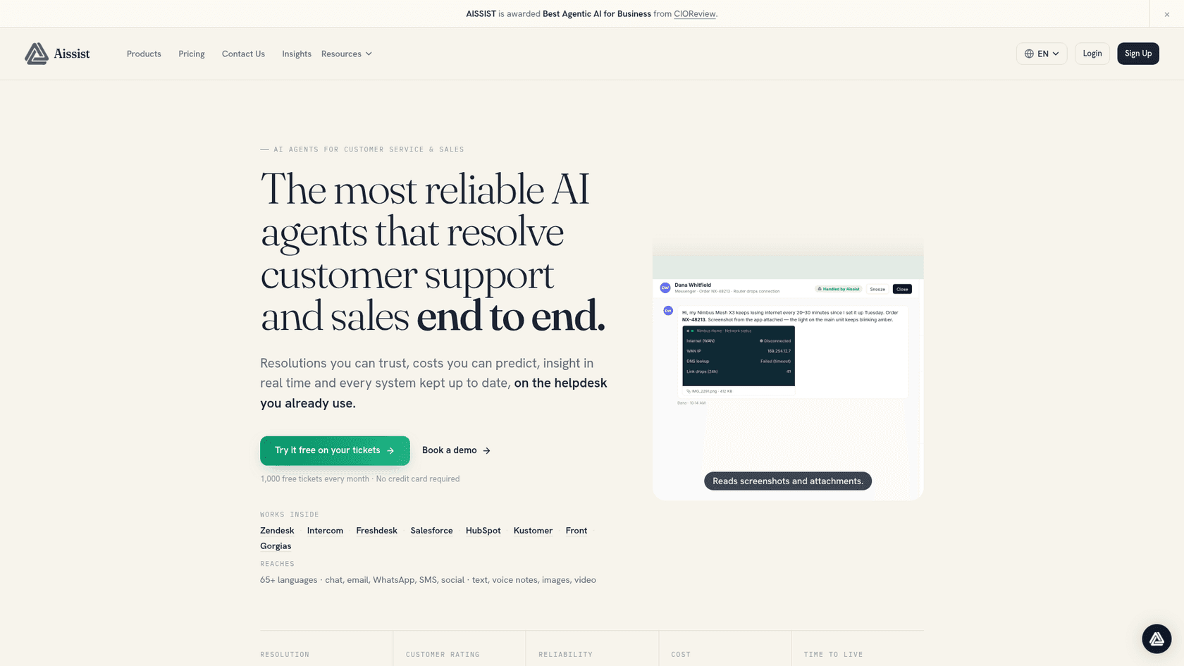 Aissist homepage headline promising AI agents that resolve customer support and sales end to end on the helpdesk you already use, as taken from Aissist