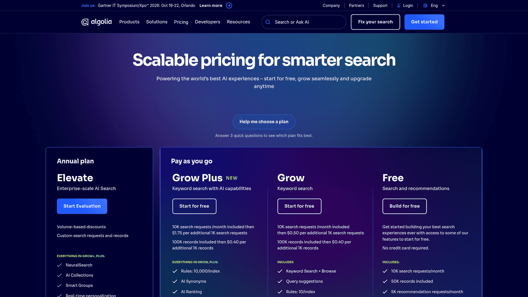 Algolia pricing page showing Elevate, Grow Plus, Grow and Free plans, as taken from Algolia