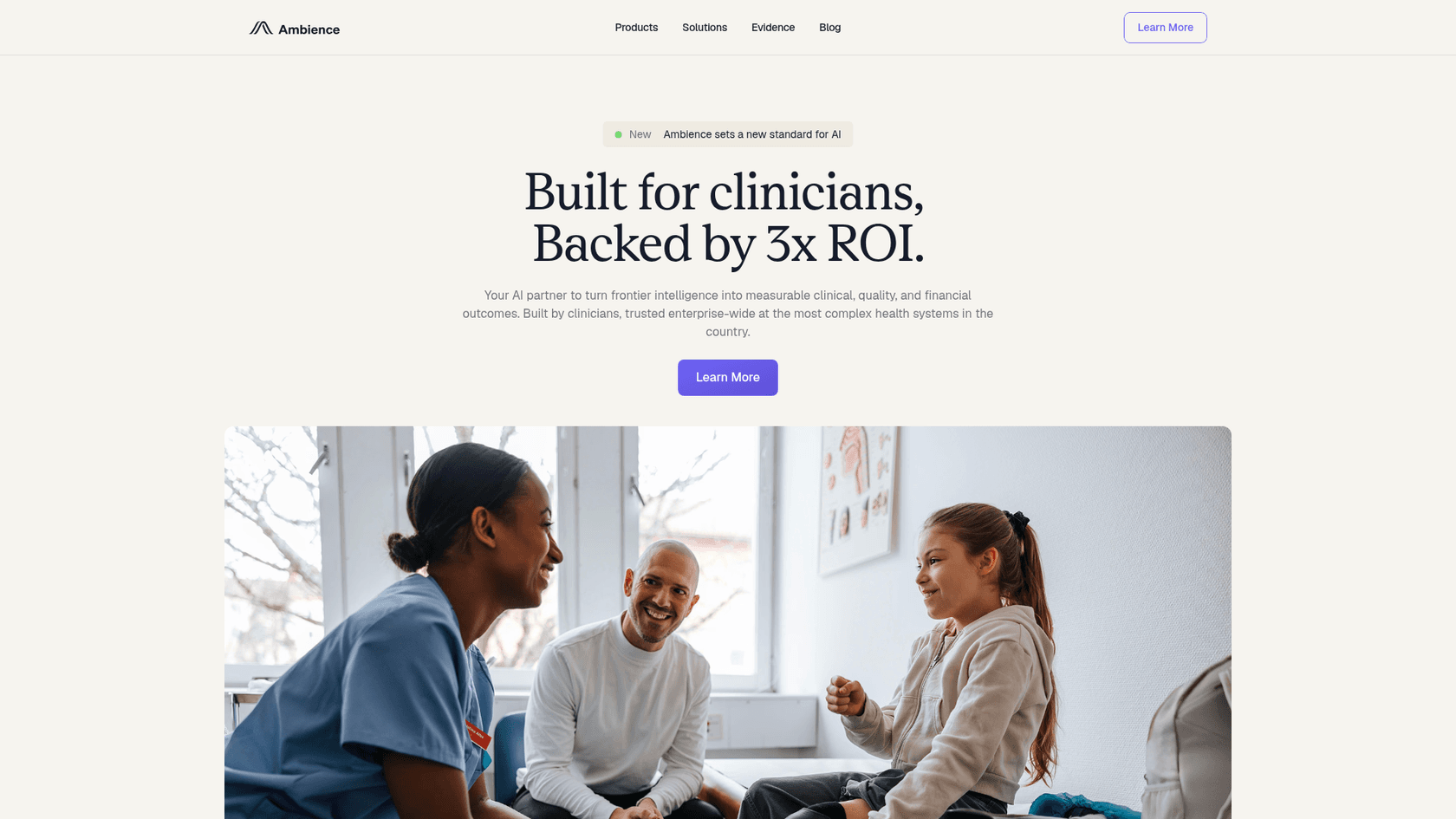 Ambience Healthcare homepage in October 2026, headlined "Built for clinicians, Backed by 3x ROI", as taken from Ambience