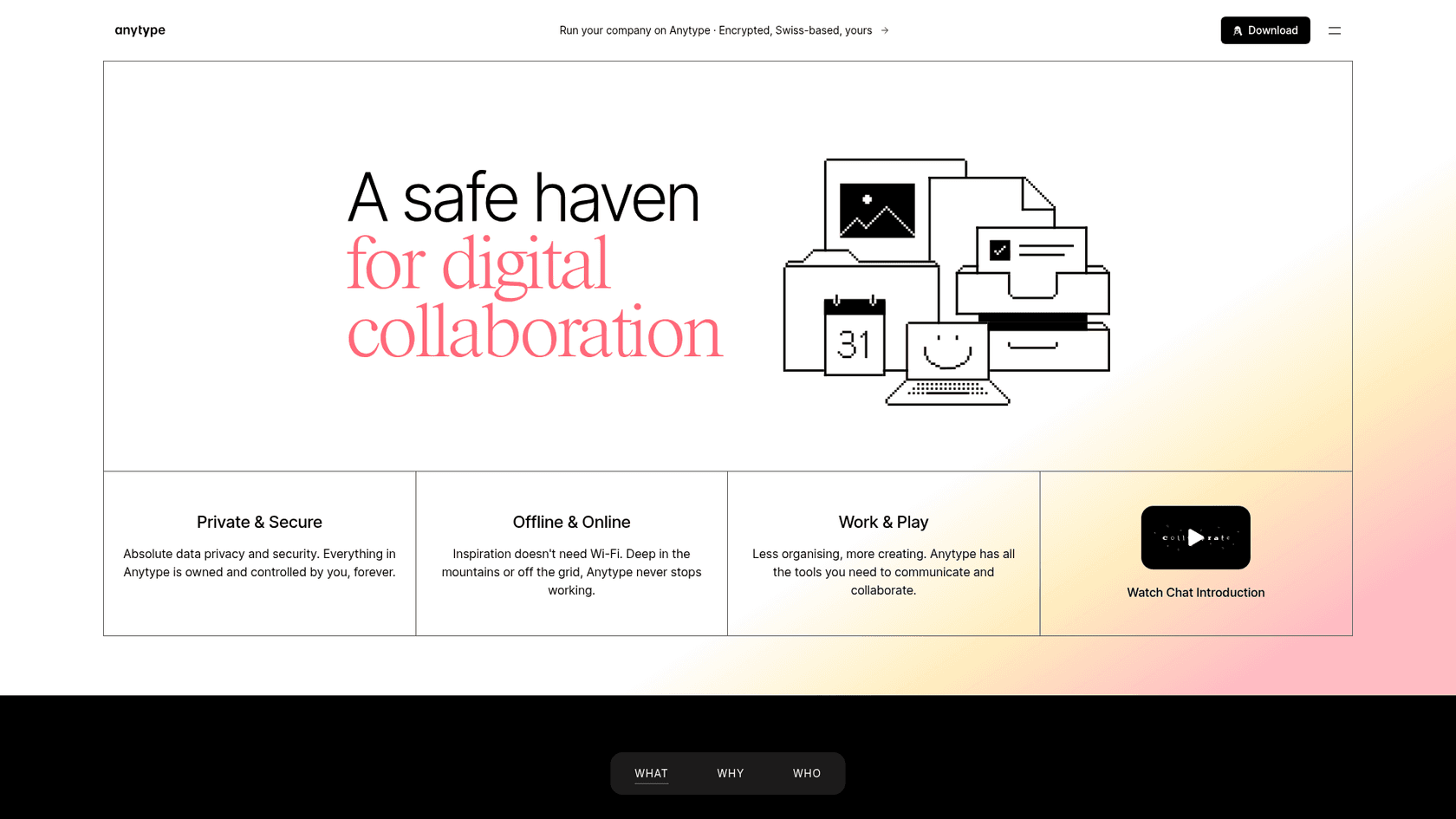 Anytype's homepage describing its privacy-first workspace for collaboration, as taken from Anytype