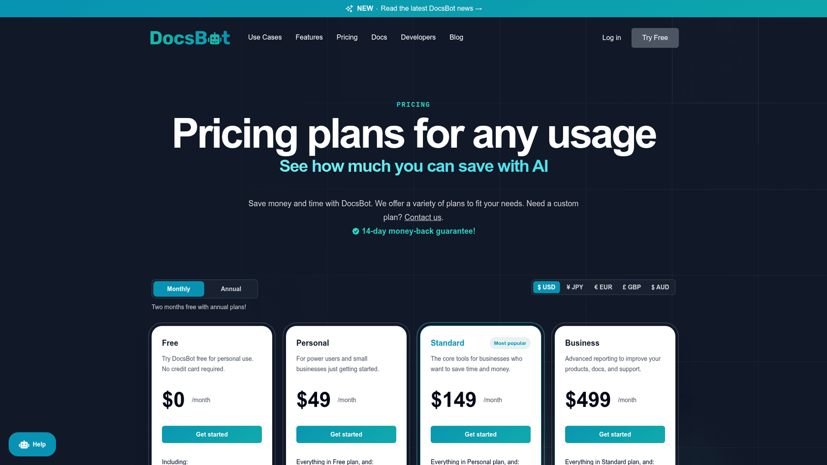 The DocsBot pricing page with Free at $0, Personal at $49, Standard at $149 and Business at $499 a month, and a toggle for annual billing with two months free, as taken from DocsBot's pricing page