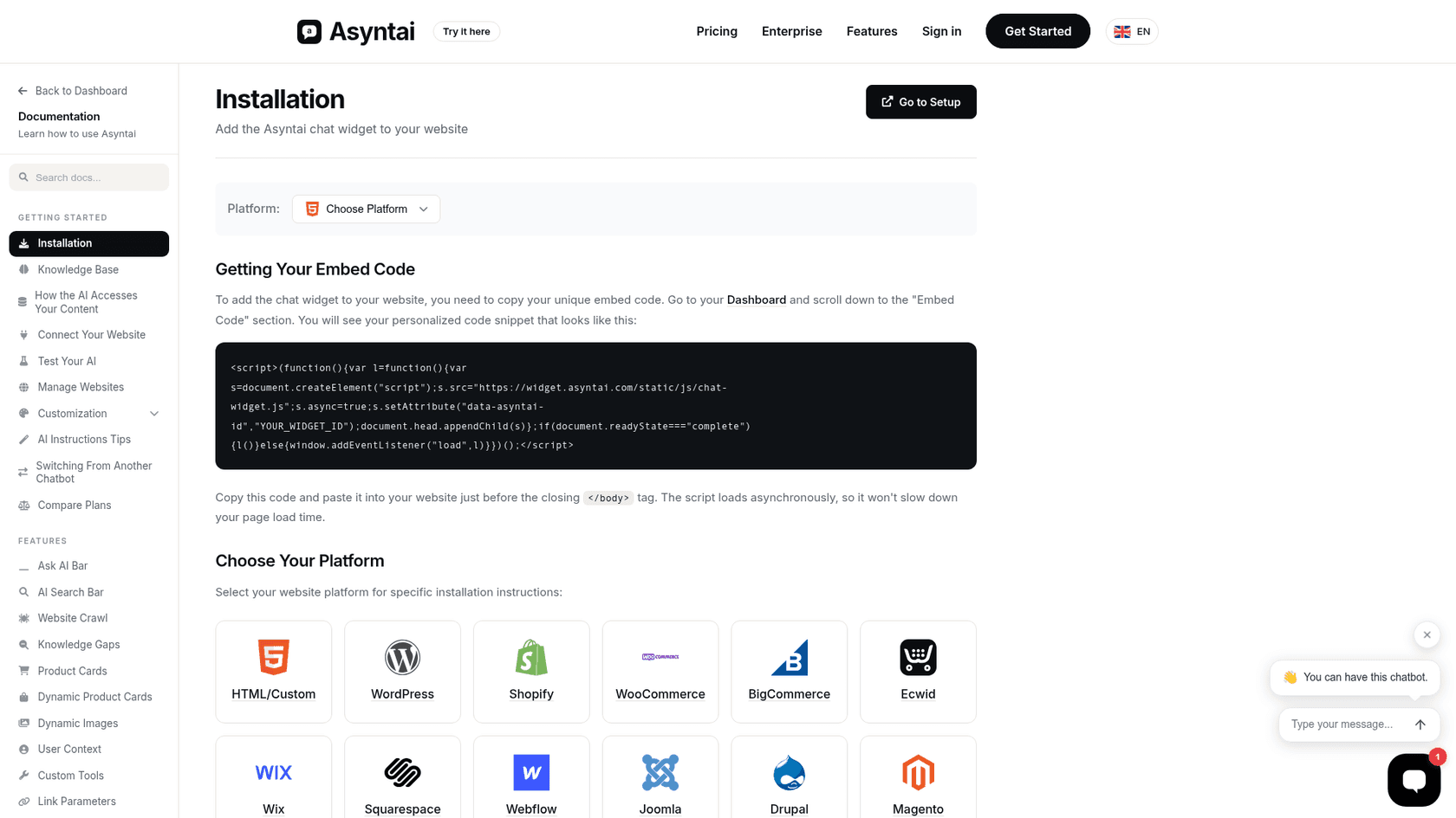 Asyntai installation docs showing the embed script and a grid of platform guides for HTML, WordPress, Shopify, WooCommerce, BigCommerce, Ecwid, Wix, Squarespace, Webflow, Joomla, Drupal and Magento, as taken from Asyntai's docs