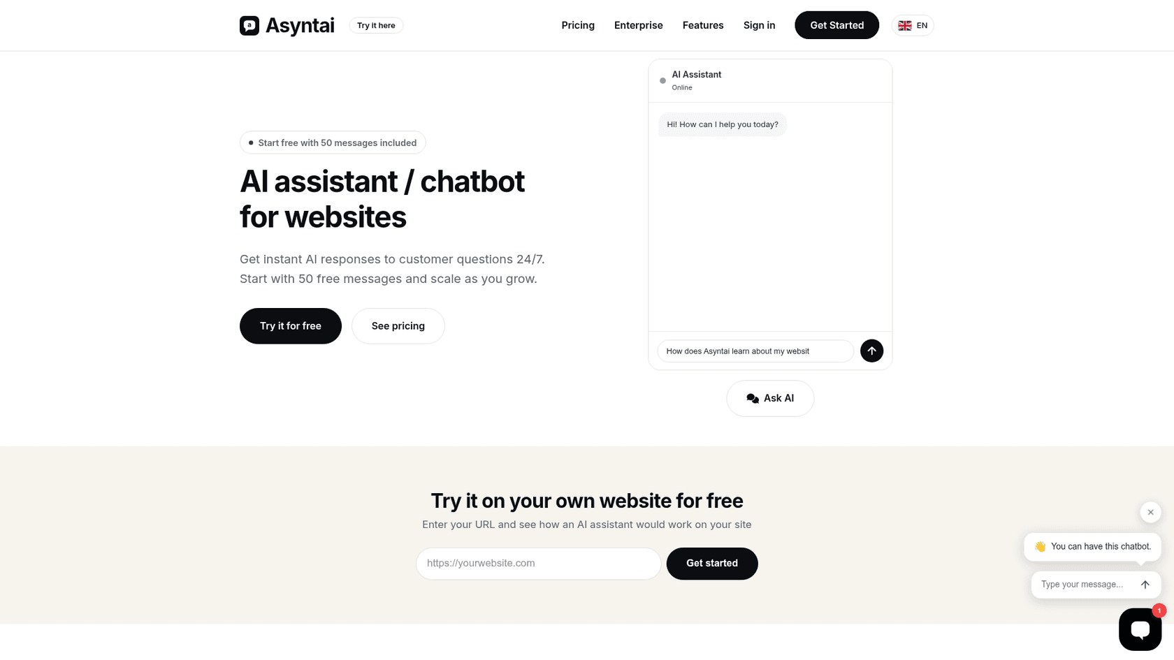 The Asyntai pricing section showing Free, Starter, Standard and Pro plans billed by AI replies, with Standard marked as the popular plan, as taken from Asyntai's pricing page