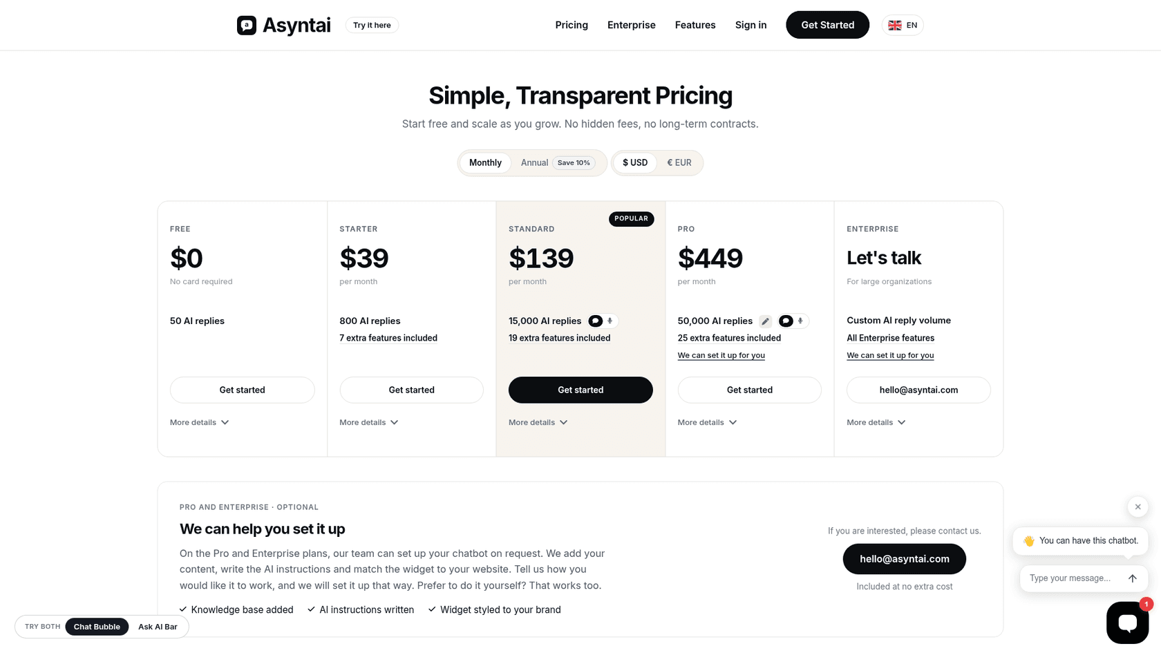 Asyntai pricing page showing Free $0 for 50 AI replies, Starter $39 for 800, Standard $139 for 15,000, Pro $449 for 50,000 and Enterprise on request, as taken from Asyntai