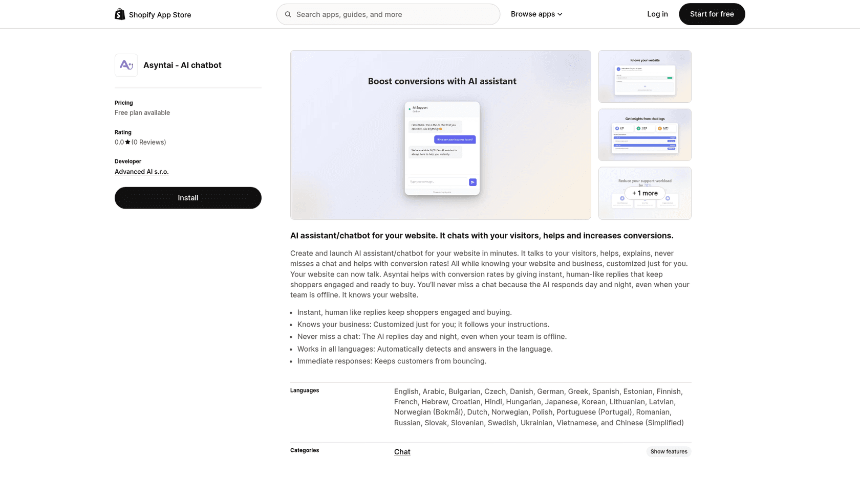Asyntai's Shopify App Store listing showing a 0.0 rating from 0 reviews, a free plan and Advanced AI s.r.o. as the developer, as taken from the Shopify App Store