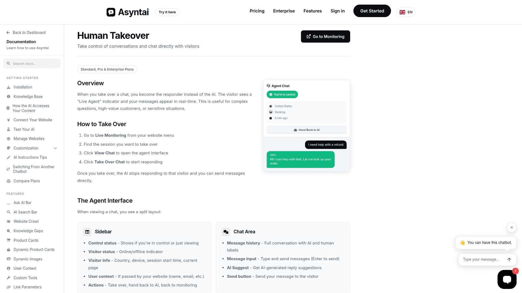 Asyntai's human takeover docs showing the Live Monitoring agent view with a Hand Back to AI button and a refund conversation, as taken from Asyntai's docs