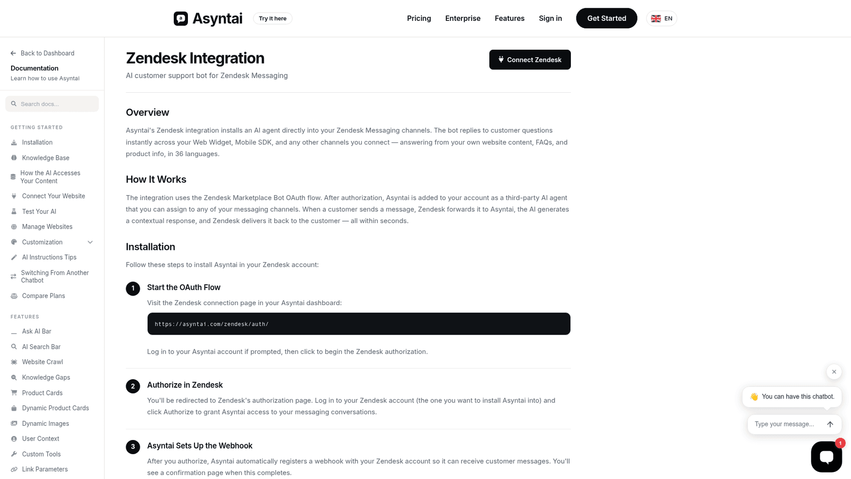 Asyntai's Zendesk integration docs explaining that the bot installs into Zendesk Messaging channels and replies from your website content, as taken from Asyntai's docs