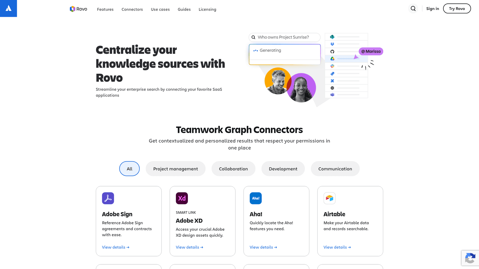 Atlassian's Rovo connectors page listing third-party apps that Rovo can search, as taken from the Atlassian site.
