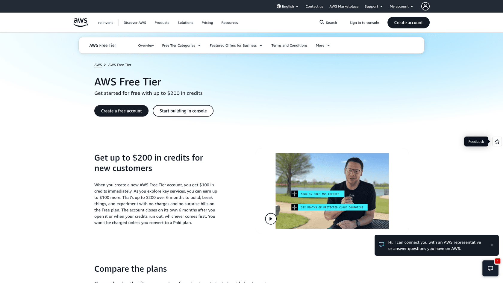 AWS Free Tier page offering up to $200 in credits for new customers, as taken from aws.amazon.com