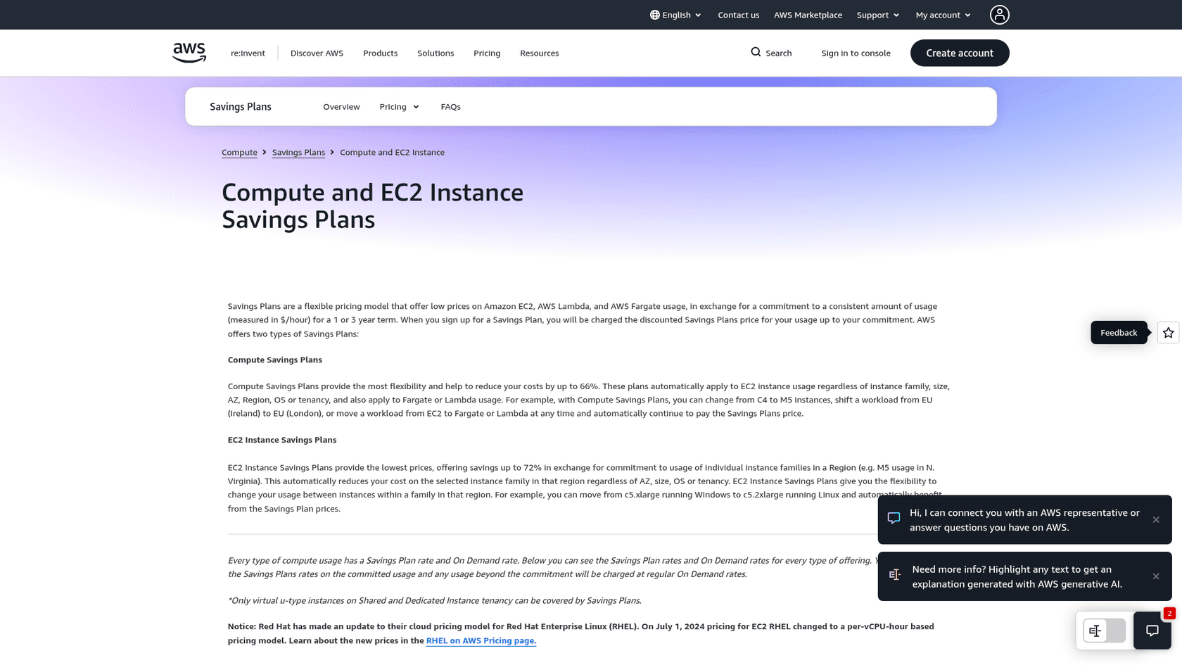 AWS Savings Plans pricing page describing Compute Savings Plans (up to 66%) and EC2 Instance Savings Plans (up to 72%), as taken from aws.amazon.com