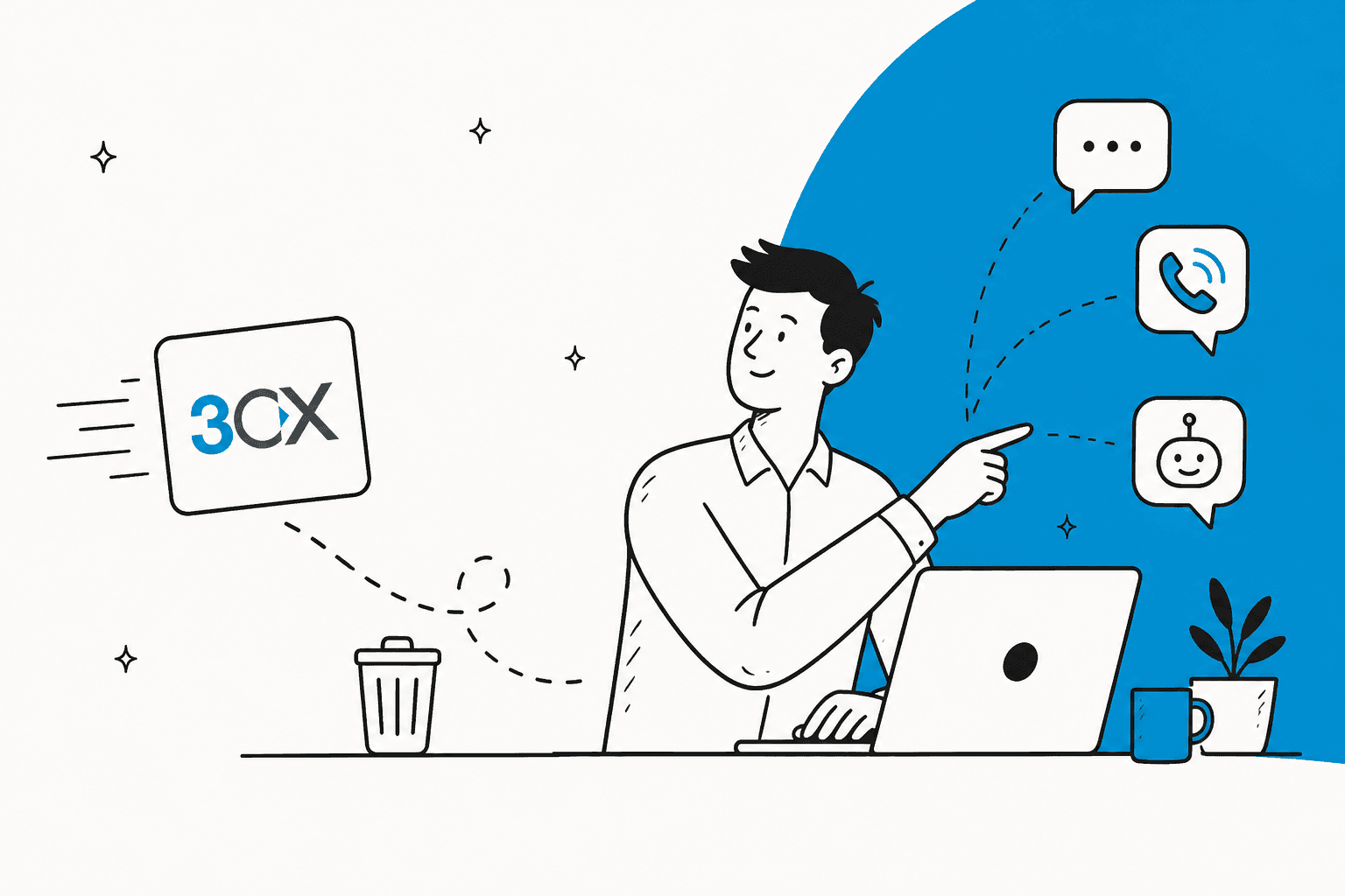 Hand-drawn hero banner in 3CX blue showing a site owner at a laptop flicking a 3CX card toward a bin and pointing at new chat, call and chatbot bubbles